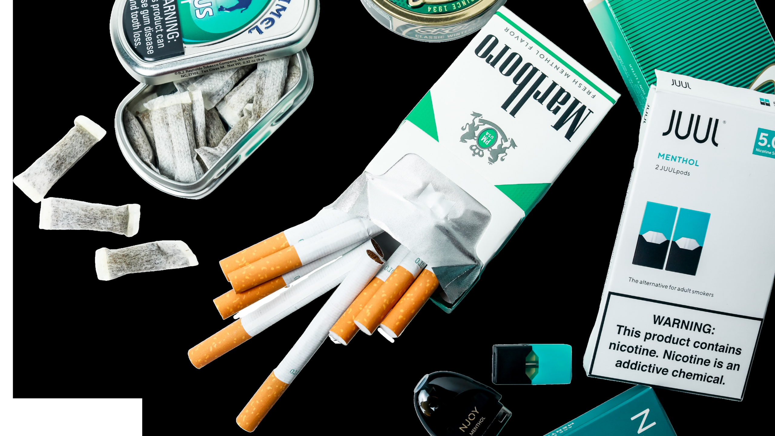 A picture with vapes, cigarette and tobacco pouches.